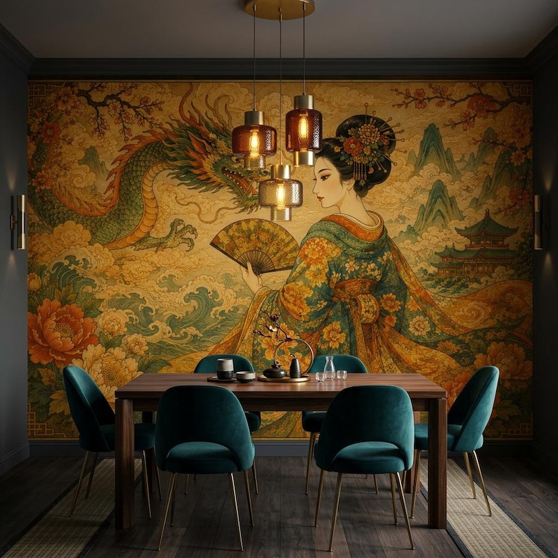 Japanese Geisha Peel and Stick Wallpaper, Dragon Floral Non Woven Wall Mural, Oriental Vinyl Wall Decor