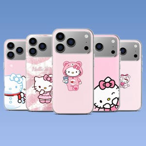 Puede incluir: Cinco fundas transparentes para smartphone con varios dise&ntilde;os de Hello Kitty. Las fundas muestran a Hello Kitty como mu&ntilde;eco de nieve, con vestido rosa, con un pijama de oso con una bebida, un primer plano de su cara y una figura peque&ntilde;a.