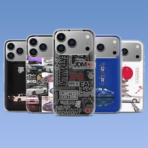 May include: Five clear phone cases featuring various automotive designs. The designs include a black case with Japanese text, a collage of car photos, a black case with white automotive brand logos, a blue case with a car, and a white case with a red sun.