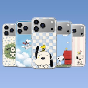 May include: Five clear smartphone cases featuring Peanuts characters. Designs include Snoopy in a flower field, flying a paper airplane, with Woodstock on their head against a blue checkerboard, by a red doghouse, and holding a flower.