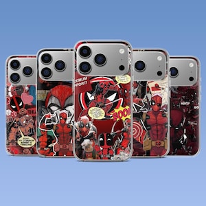 Könnte beinhalten: Eine Sammlung von fünf transparenten Smartphone-Hüllen mit einer Collage aus Deadpool-Comic-Illustrationen. Die Designs zeigen verschiedene Posen der Figur in Rot und Schwarz, Sprechblasen mit Text sowie grafische Elemente wie Herzen und Sterne.