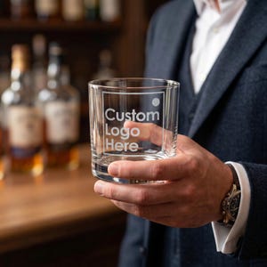 Op de afbeelding: Een helder, vierkant whiskyglas met de tekst "Custom Logo Here" in een witte rechthoekige rand. Het glas wordt vastgehouden door een persoon die een donker pak draagt. Flessen sterke drank zijn zichtbaar op de achtergrond.
