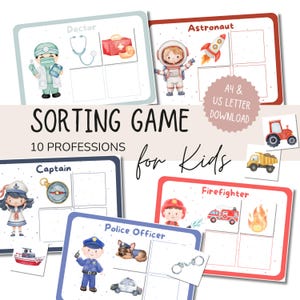 May include: A children's sorting game with illustrations of professions. The game includes cards with images of a doctor, astronaut, captain, firefighter, and police officer, along with related objects. The text "SORTING GAME" and "10 PROFESSIONS for Kids" is displayed.