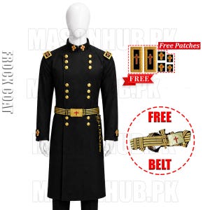May include: Black frock coat with gold buttons and cross emblems. Includes a gold belt with a red cross and a decorative chain. The coat has epaulets and is displayed on a mannequin.