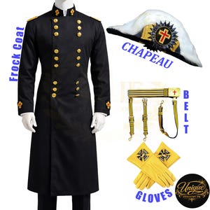 May include: A black double-breasted frock coat with gold buttons and cross emblems, a white feathered chapeau with a cross badge, a striped belt with gold hardware, and yellow gloves. The set includes labels for Frock Coat, Chapeau, Belt, and Gloves.