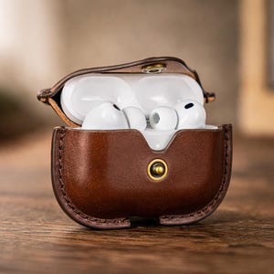 Puede incluir: Una funda de cuero marrón para auriculares inalámbricos, abierta para revelar auriculares blancos. La funda tiene un cierre de botón a presión con un botón dorado. El cuero está cosido alrededor de los bordes. La funda está sobre una superficie de madera.