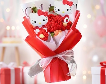 Szydełkowe kompozycje z róż od Sanrio, w tym te z wizerunkiem Hello Kitty, idealnie nadają się do dekoracji domów, wesel i Dnia Matki