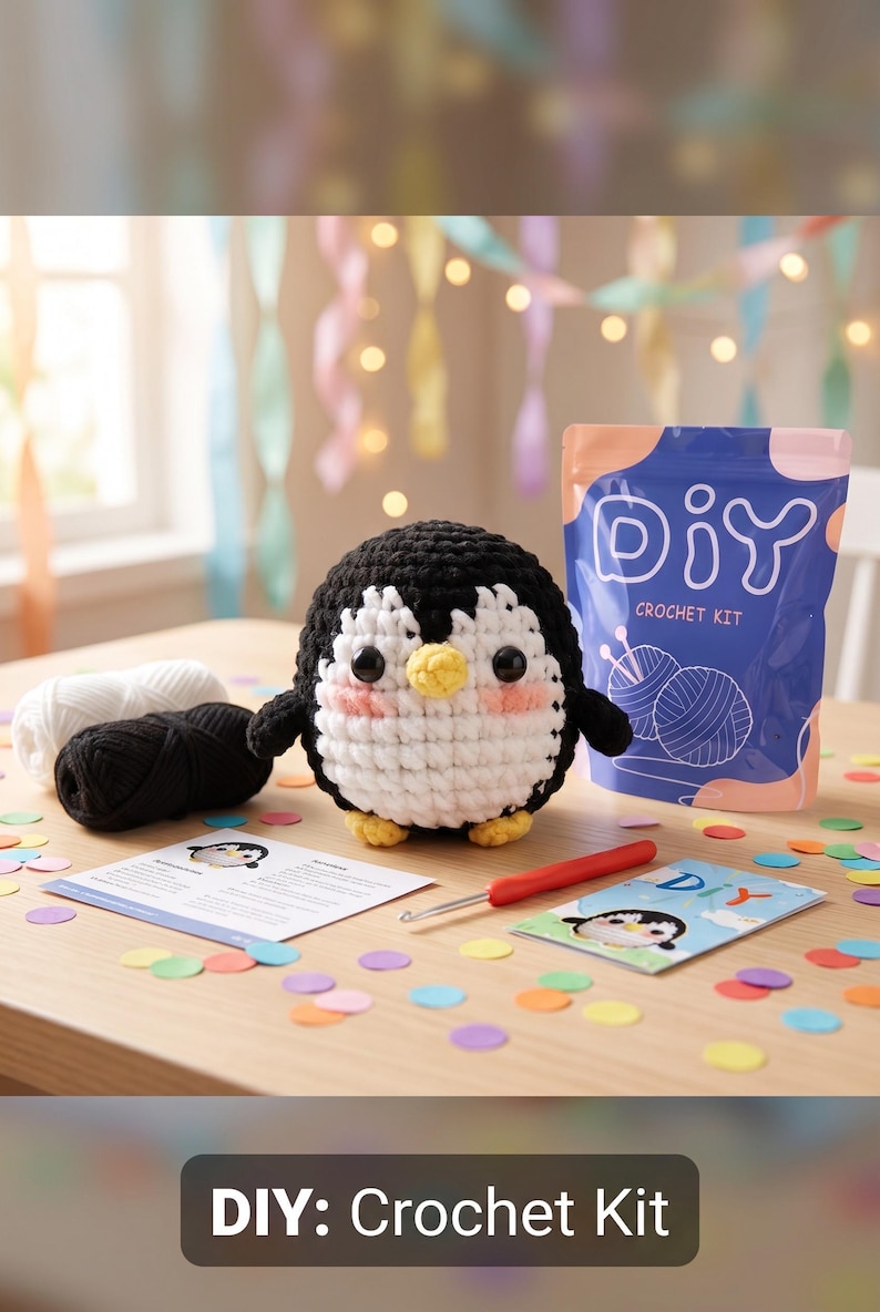 Puede incluir: Un kit de ganchillo DIY con un ping&uuml;ino hecho a mano. El ping&uuml;ino es blanco y negro con pico y patas amarillas, y mejillas rosas. El kit incluye hilo, un ganchillo e instrucciones. Confeti colorido est&aacute; esparcido alrededor del kit.