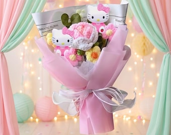 Szydełkowe kompozycje z róż od Sanrio, w tym te z wizerunkiem Hello Kitty, idealnie nadają się do dekoracji domów, wesel i Dnia Matki