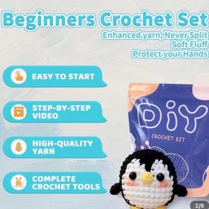 Puede incluir: Un kit de ganchillo DIY para principiantes, con un proyecto en forma de ping&uuml;ino. El kit incluye hilo de alta calidad y herramientas completas. El empaque muestra el texto "Beginners Crochet Set" y "DIY Crochet Kit".
