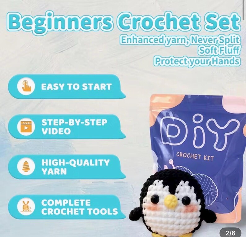 Puede incluir: Un kit de ganchillo DIY para principiantes, con un proyecto en forma de ping&uuml;ino. El kit incluye hilo de alta calidad y herramientas completas. El empaque muestra el texto "Beginners Crochet Set" y "DIY Crochet Kit".