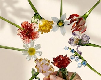 Recuerdo de flor de nacimiento de vidrio soplado a mano, mini decoración floral personalizada, regalo para ella.