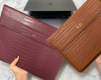無料カスタムイニシャル入りPUレザー製ラップトップスリーブ、MacBook Air 13 13.3 15.4 Retinaケース、ユニセックス封筒型ラップトップポーチ保護バッグ