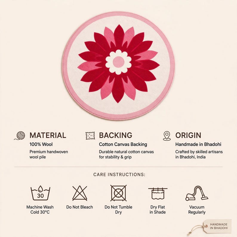 Small Daisy Rug Handmade Tufted Pink Daisy Rug | Round Dahlia Crimson Wool Round Carpet ...