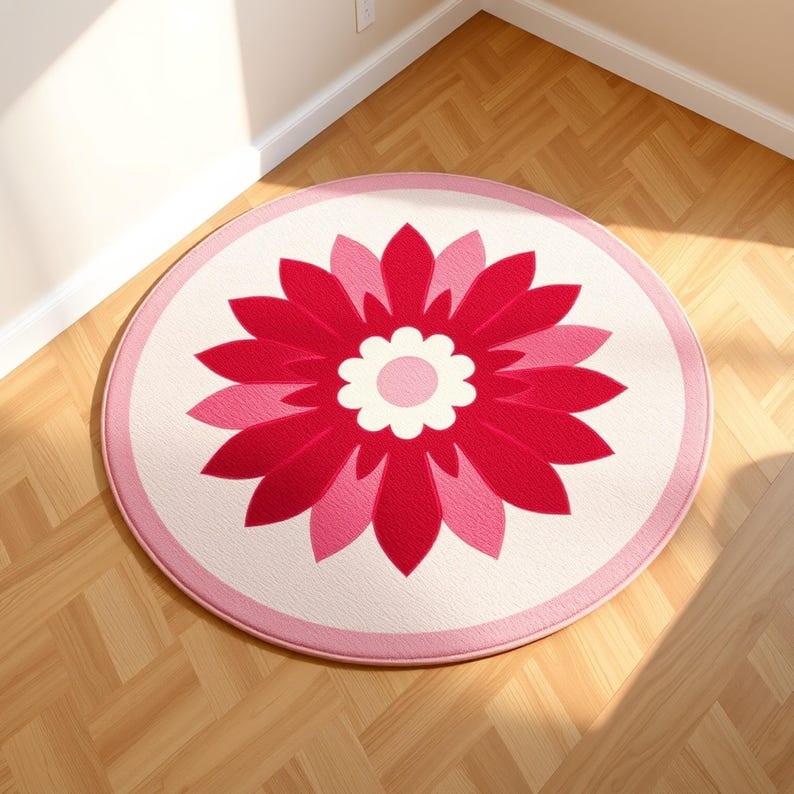 Small Daisy Rug Handmade Tufted Pink Daisy Rug | Round Dahlia Crimson Wool Round Carpet ...