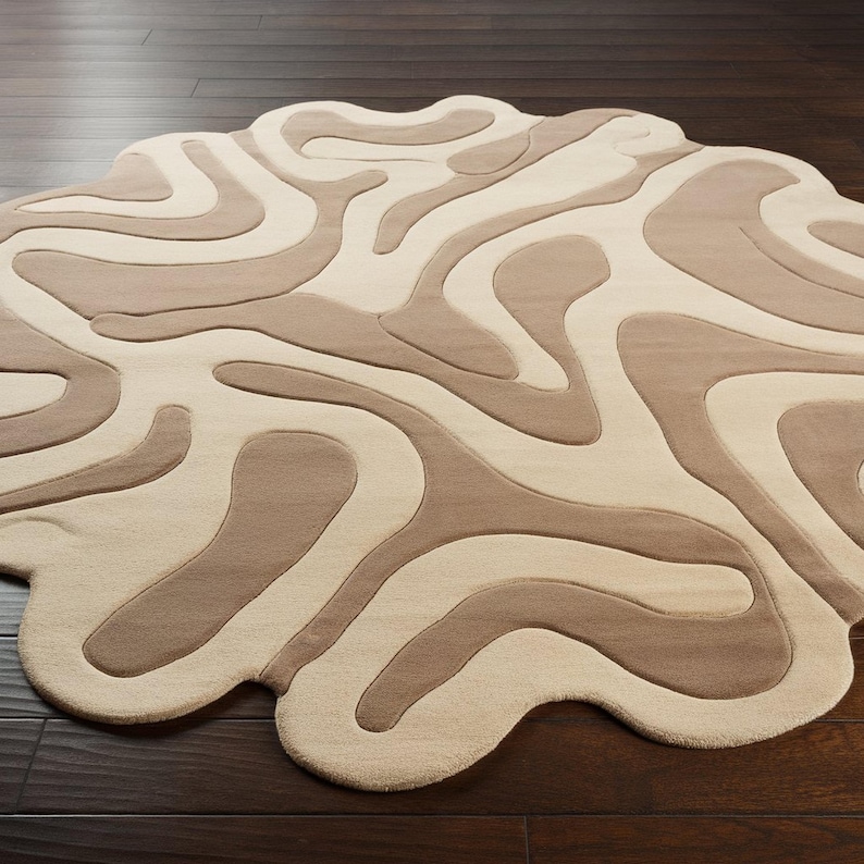 Wavy Edged Rug Handmade Tufted Wavy Beige Area Rug | Japandi Organic Ripple Wool ...