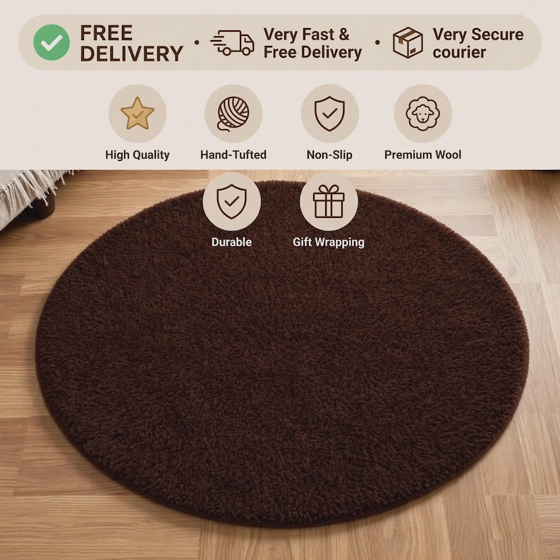 Handmade Tufted Brown Round Wool Rug, Chocolate Circle Solid Cotton ...