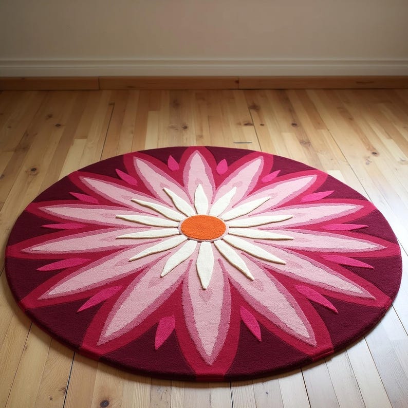 Handmade Tufted Burgundy Flower Rug | Round Daisy Magenta Wool Round ...