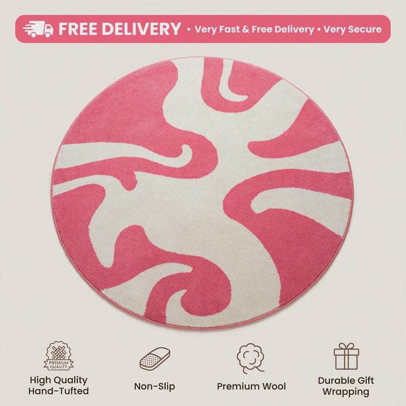 Textured Rug Pink Handmade Tufted Pink Swirl Rug, Groovy 70s Wave Round Wool Area Carpet ...