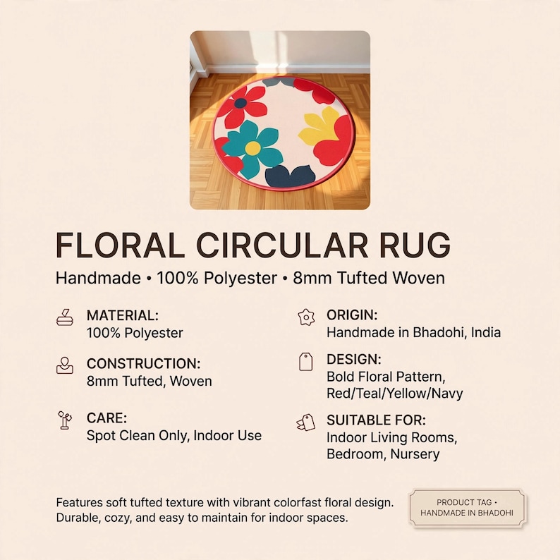 Small Daisy Rug Handmade Tufted Retro Daisy Rug | Round Floral Scandi Wool Round Carpet ...