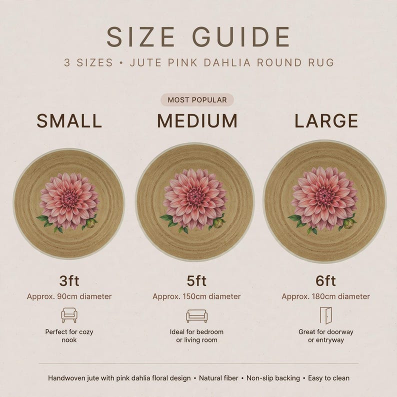 Textured Rug Pink Handmade Tufted Pink Dahlia Round Rug, Blooming Flower Botanical Jute ...