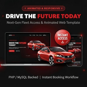 Op de afbeelding: Een digitaal websjabloon met een rode auto op een laptop- en smartphonescherm. De tekst bevat ANIMATED & RESPONSIVE, DRIVE THE FUTURE TODAY, Next-Gen Fleet Access & Animated Web Template, INSTANT ACCESS en PHP / MySQL Backed.