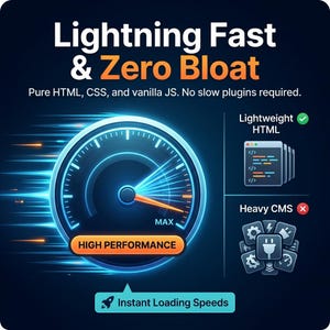 May include: A graphic featuring a speedometer set to max with the text Lightning Fast & Zero Bloat, Pure HTML, CSS, and vanilla JS. No slow plugins required. It shows a comparison between Lightweight HTML and Heavy CMS, with a High Performance label.