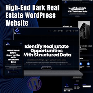 May include: A digital display of a high-end dark real estate WordPress website design featuring the text Identify Real Estate Opportunities With Structured Data. The layout includes a navigation menu, a hero section, and a mobile responsive view.