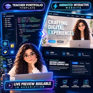 Peut inclure: Un modèle de portfolio numérique pour enseignant avec une interface au néon, des extraits de code, un aperçu de site web et un personnage. Le texte inclut "Teacher Portfolio Template", "Animated Interactive Website" et "Crafting Digital Experiences".