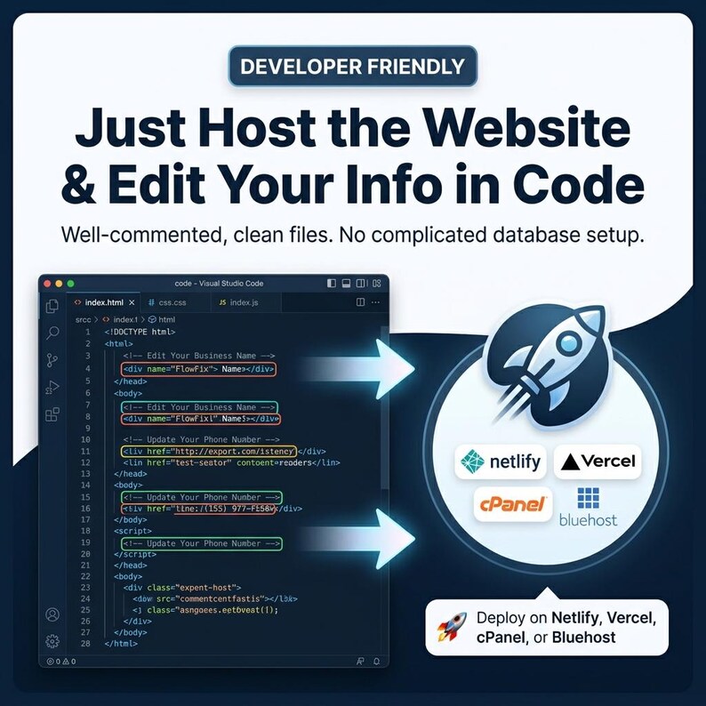 May include: A digital graphic displaying code in a Visual Studio Code editor window with text that reads: Developer Friendly, Just Host the Website & Edit Your Info in Code, Well-commented, clean files. No complicated database setup. Includes logos for Netlify, Vercel, cPanel, and Bluehost.