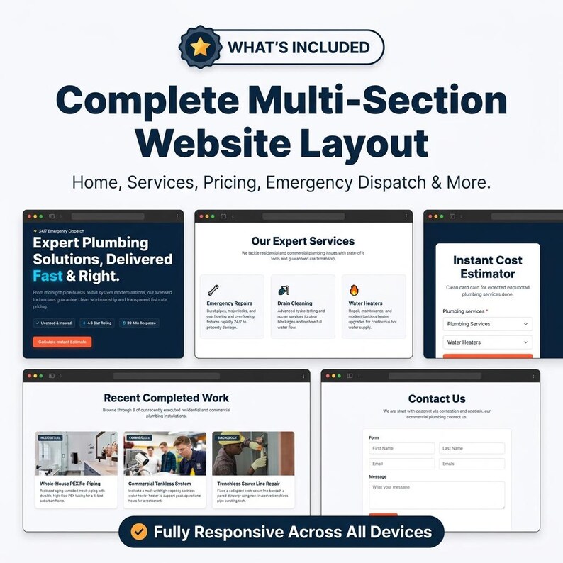 May include: A digital graphic displaying a complete multi-section website layout for plumbing services. The layout includes sections for expert solutions, services, an instant cost estimator, recent completed work, and a contact form, all fully responsive.