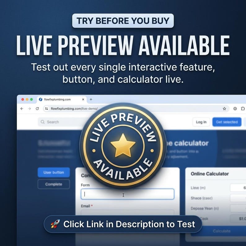 May include: A digital graphic featuring the text TRY BEFORE YOU BUY, LIVE PREVIEW AVAILABLE, and Test out every single interactive feature, button, and calculator live. A circular badge with a gold star reads LIVE PREVIEW AVAILABLE.