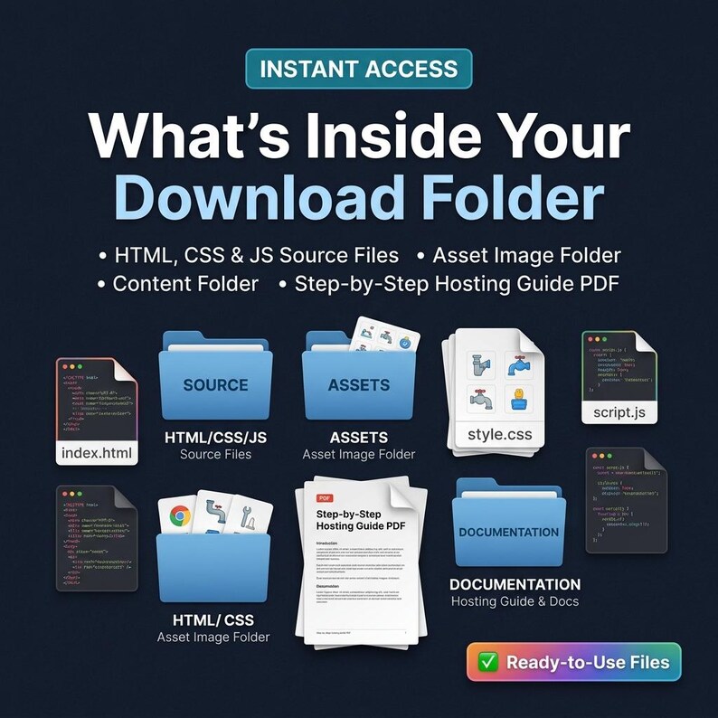 May include: A digital graphic titled INSTANT ACCESS What's Inside Your Download Folder. It displays icons for folders and files including HTML, CSS, JS source files, an asset image folder, and a step-by-step hosting guide PDF document.