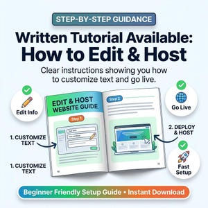 May include: An instructional graphic titled STEP-BY-STEP GUIDANCE Written Tutorial Available: How to Edit & Host. It features an open book illustration showing an EDIT & HOST WEBSITE GUIDE with Step 1 and Step 2, alongside icons for Edit Info, Go Live, and Fast Setup.