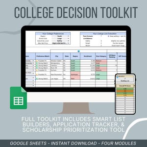Puede incluir: Un monitor de computadora que muestra un kit de herramientas de decisión universitaria con tablas de datos y gráficos. La pantalla muestra las preferencias universitarias, las métricas de evaluación y los detalles de inscripción. Un teléfono inteligente muestra datos adicionales.