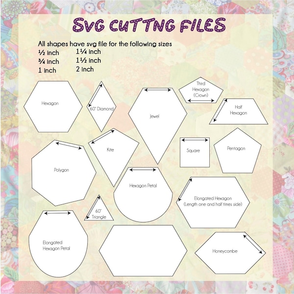 Zeshoekige gemengde vormen Engelse Paper Piecing-sjabloon Knip uw eigen SVG-bestanden Cricut EPP