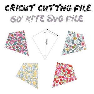 May include: A digital cutting file for a 60 inch kite. The image shows a white outline of the kite shape with the word "Height" written on it. There are four smaller images of the kite shape with different floral patterns.