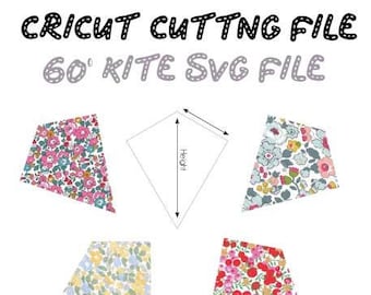 May include: A digital cutting file for a 60 inch kite. The image shows a white outline of the kite shape with the word "Height" written on it. There are four smaller images of the kite shape with different floral patterns.