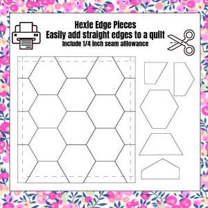 Pode incluir: Um papel branco com um contorno preto de um padrão de colcha hexagonal e várias formas para as bordas da colcha. O texto diz "Hexie Edge Pieces, Easily add straight edges to a quilt, Include 1/4 inch seam allowance."