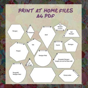 Op de afbeelding: Een diagram voor thuis afdrukken met verschillende geometrische vormen, zoals zeshoeken en ruiten, met afmetingen. De tekst bovenaan luidt "PRINT AT HOME FILES A4 PDF".