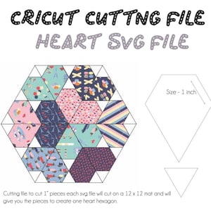 Puede incluir: Un archivo de corte digital Cricut para un diseño en forma de corazón. La imagen muestra un hexágono compuesto por triángulos más pequeños estampados, con una referencia de tamaño de 2,54 cm. El texto dice "CRICUT CUTTING FILE HEART SVG FILE".