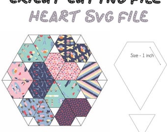 May include: A digital Cricut cutting file for a heart-shaped design. The image shows a hexagon composed of smaller patterned triangles, with a size reference of 1 inch. The text reads "CRICUT CUTTING FILE HEART SVG FILE".