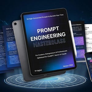 Könnte beinhalten: Ein digitales Marketingbild mit einem Tablet und zwei Smartphones. Das Tablet zeigt "PROMPT ENGINEERING MASTERCLASS" mit dem Text "Für Kreative, Unternehmer & Profis." Die Smartphones zeigen "VIRAL THREAD CREATOR" und "PRODUCT DESCRIPTION."