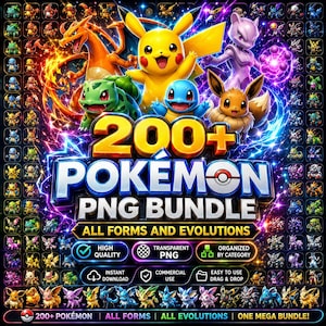 May include: A digital graphic featuring Pikachu, Charizard, Bulbasaur, Squirtle, Eevee, and Mewtwo surrounded by numerous smaller character icons. The text reads 200+ POKEMON PNG BUNDLE ALL FORMS AND EVOLUTIONS with icons for high quality, transparent PNG, and commercial use.