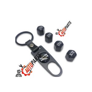 May include: A black key chain and tire valve stem caps with the "Range Rover" logo. The key chain has a leather strap and a metal tag with the logo. The valve stem caps are black and hexagonal.