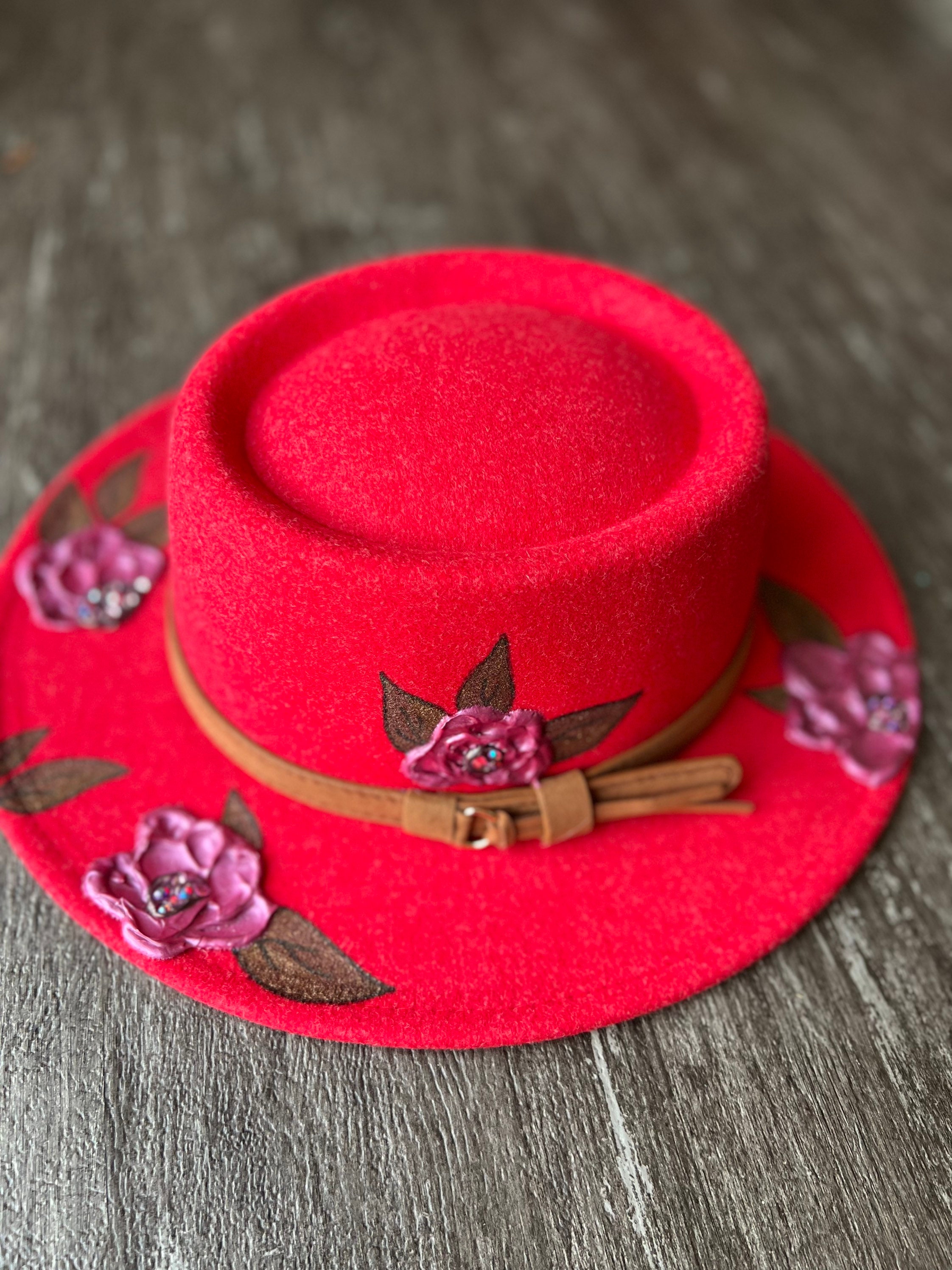 Boater stiff - Custom hand painted hat Straw Boater Hat- Betty Boater- Red- Made to Order - The Hat  main image 3