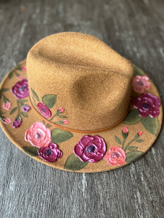 Hand Painted Fedora - Grey/Pink - Size Medium Hand Painted Floral Antler Grey Adjustable Wool Felt Fedora  main image 4