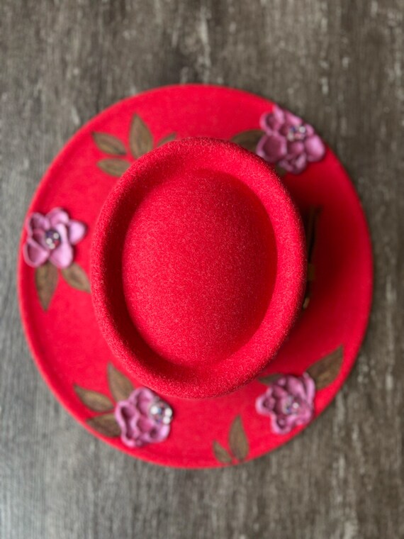 Custom painted floral designed red boater hat Branded Cowboy Hat, Burned Cowgirl Style, Red, Custom Band  main image 4