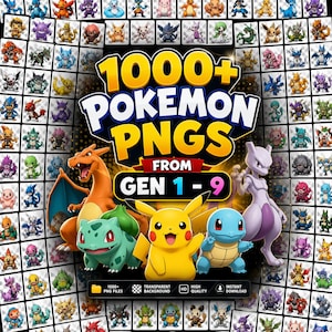 Könnte beinhalten: Digitalgrafik mit zahlreichen Pokémon-Charakteren aus den Generationen 1-9. Das Bild enthält den Text "1000+ Pokémon PNGs" mit einer Vielzahl von Pokémon-Charakteren in einem Rastermuster und beliebten Charakteren wie Pikachu und Charizard.