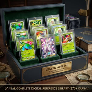 Puede incluir: Una caja de madera gris oscuro con interior de terciopelo verde, que contiene múltiples cartas coleccionables en fundas protectoras. La caja tiene una placa dorada que dice "GENETIC APEX (A1) PREMIUM COLLECTOR'S MASTER EDITION". El texto "A NEAR-COMPLETE DIGITAL REFERENCE LIBRARY (270+ CARDS)" está en la parte inferior.
